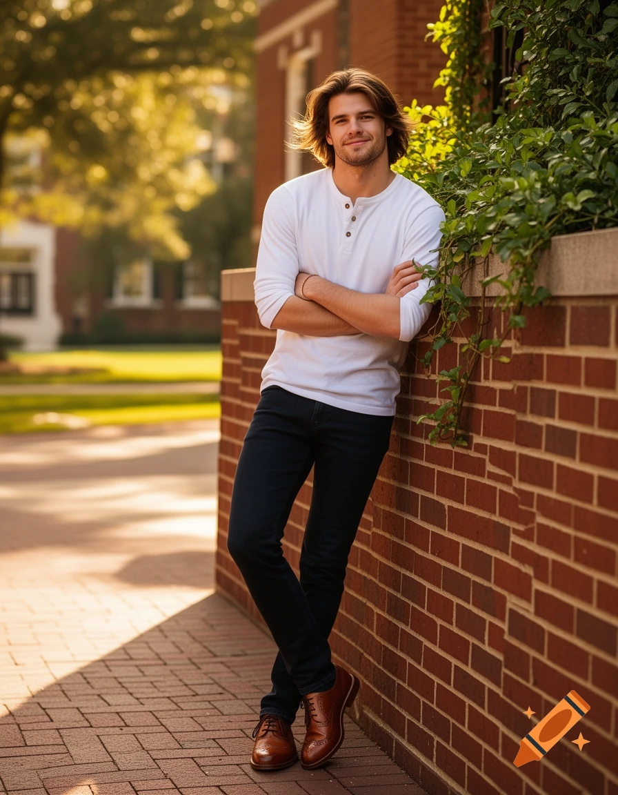 A handsome man with medium-length brown hair and stubble, wearing a white Henley and dark jeans, leans against a brick college wall on a sunny day with arms crossed.