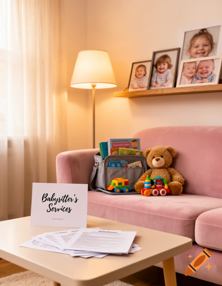 A cozy living room with a pink sofa, a floor lamp, and a coffee table. On the table is a card reading "Babysitter's Services" and papers. On the sofa, there's a bag with books, a teddy bear, and colorful toy cars, with framed photos of smiling babies on a shelf above.