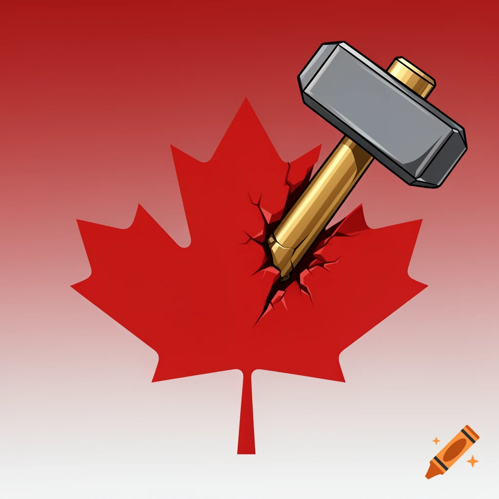 A stylized illustration shows a gray hammer striking and cracking a red Canadian maple leaf, set against a red and white gradient background.