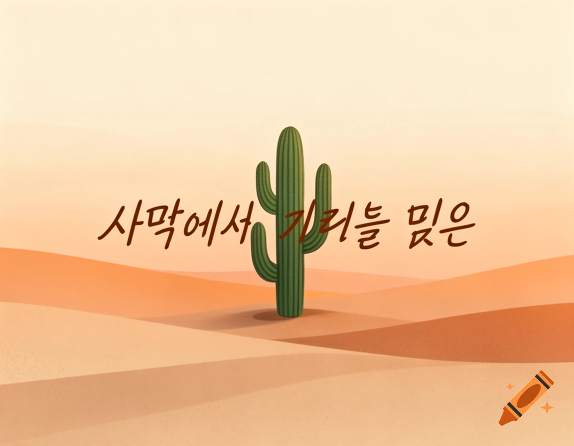 A stylized illustration of a desert scene with a large green cactus and Korean text.