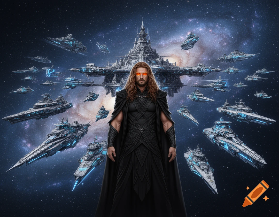 A long-haired man with glowing eyes in a black cloak stands before a large fleet of futuristic spaceships in deep space.