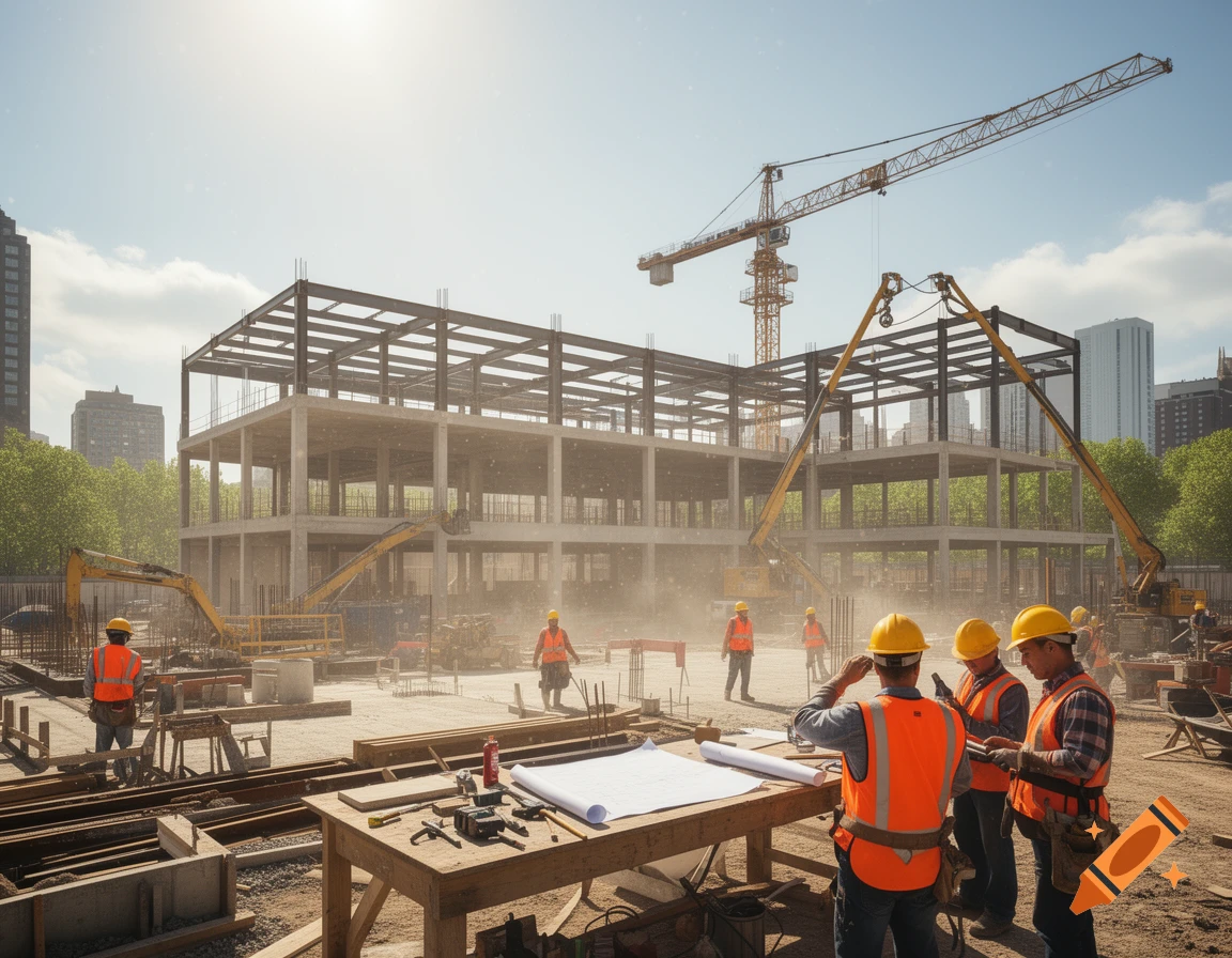Photorealistic image of a bustling construction site with workers, cranes, and an unfinished building under a bright sky.