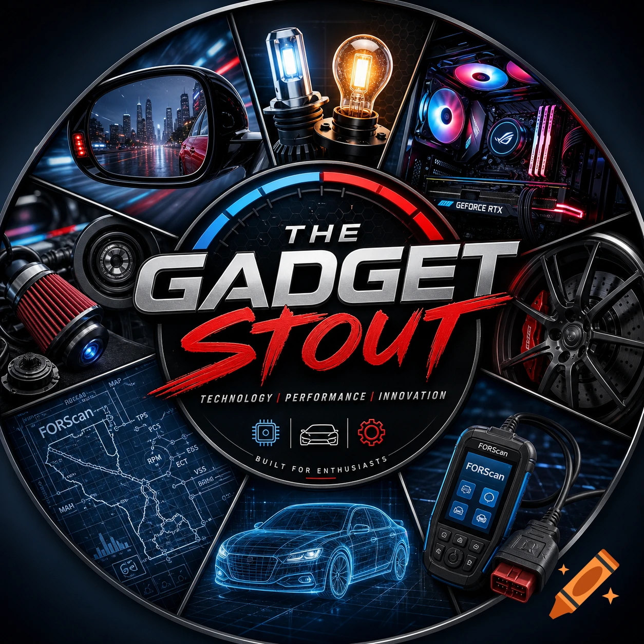 A circular logo for 'THE GADGET STOUT' features car parts, PC components, light bulbs, a diagnostic tool, and a car schematic on a dark tech background.