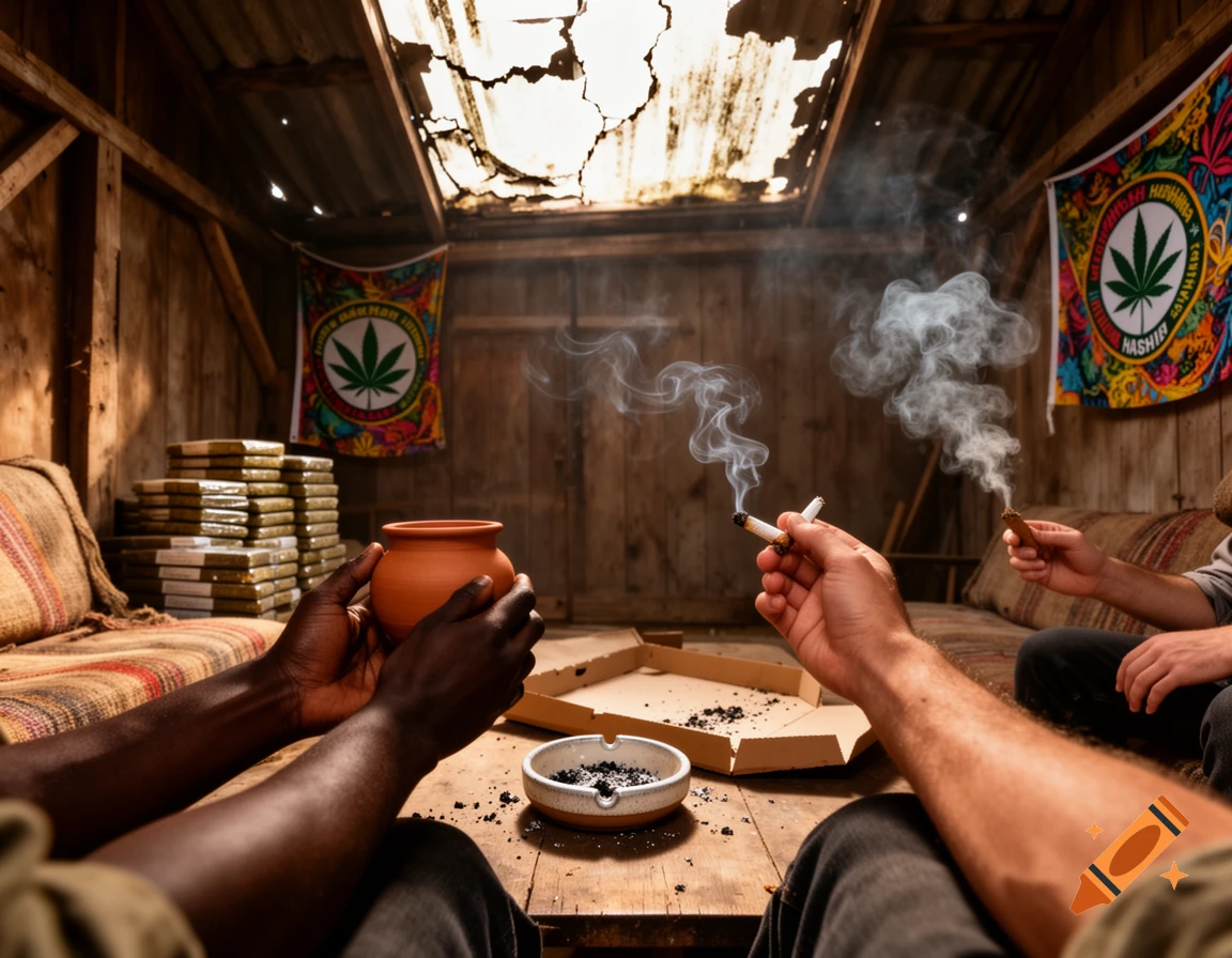 POV shot inside a rustic barn where people are smoking joints around a wooden table with an ashtray, pot, and pizza box. Stacks of hashish and cannabis flags are in the background.