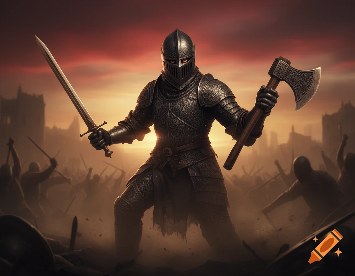 A knight in ornate dark armor with glowing red eyes holds a sword and an axe on a smoky battlefield at sunset.