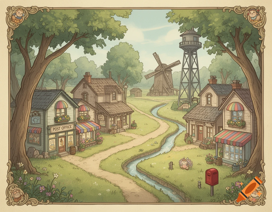 Charming storybook map of a town with a post office, shops, paths, stream, windmill, and water tower, framed by trees.