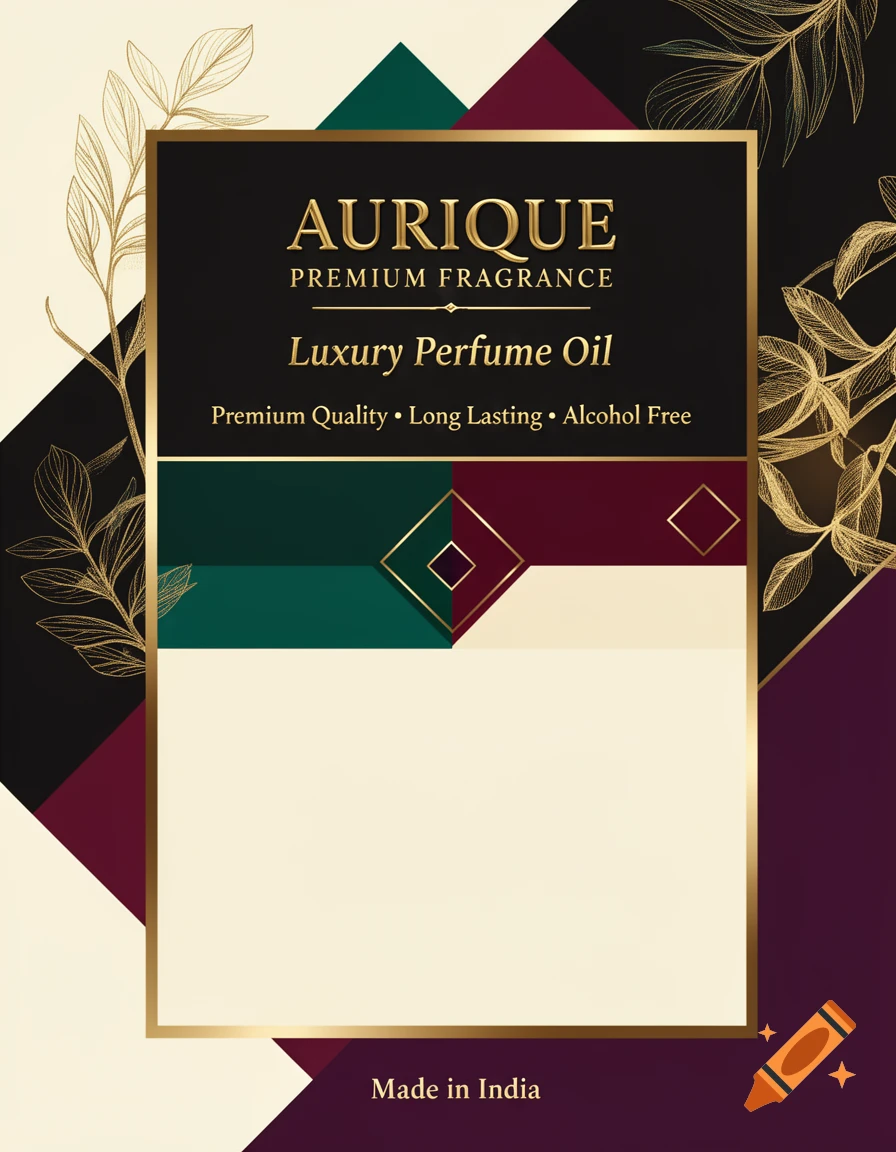Luxury AURIQUE fragrance label in black, gold, emerald, burgundy, and ivory with botanical patterns.
