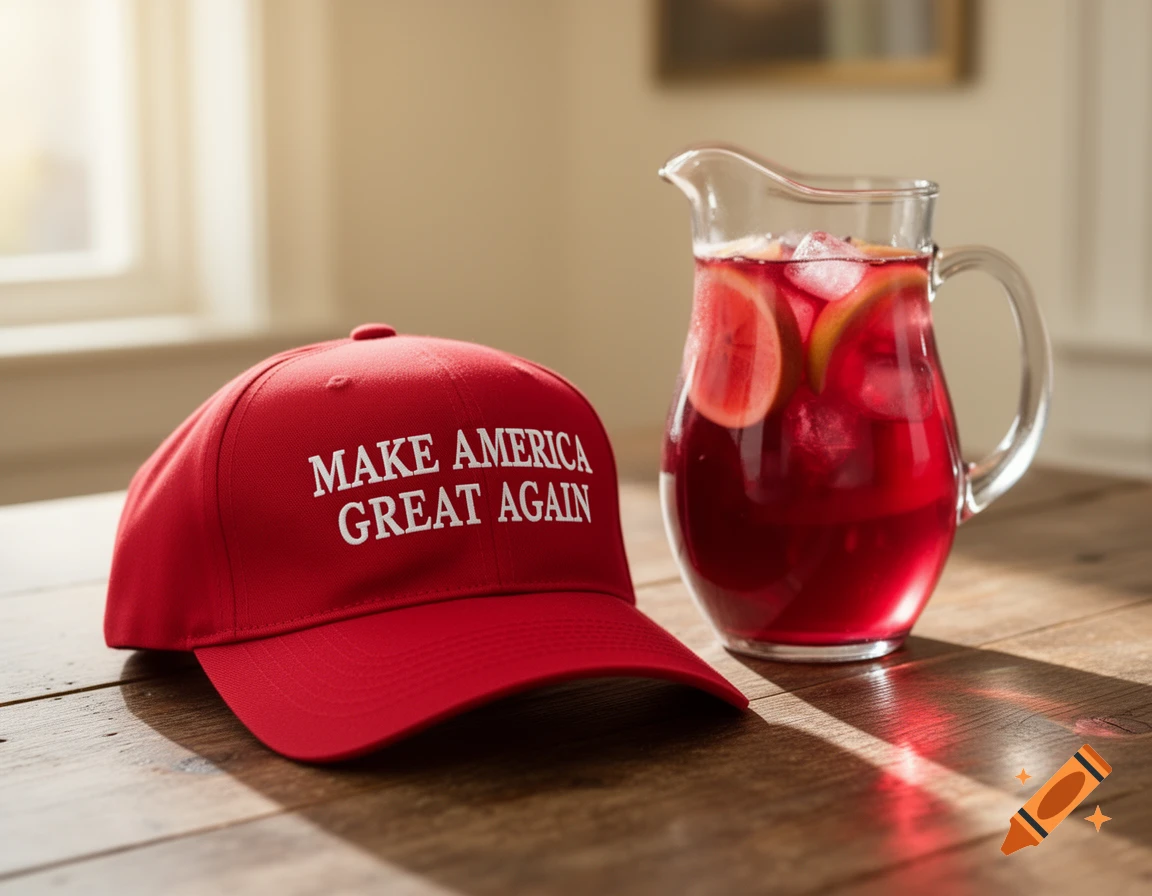 A red "MAKE AMERICA GREAT AGAIN" hat rests on a wooden table next to a glass pitcher filled with a red iced drink and lemon slices in a photorealistic style.