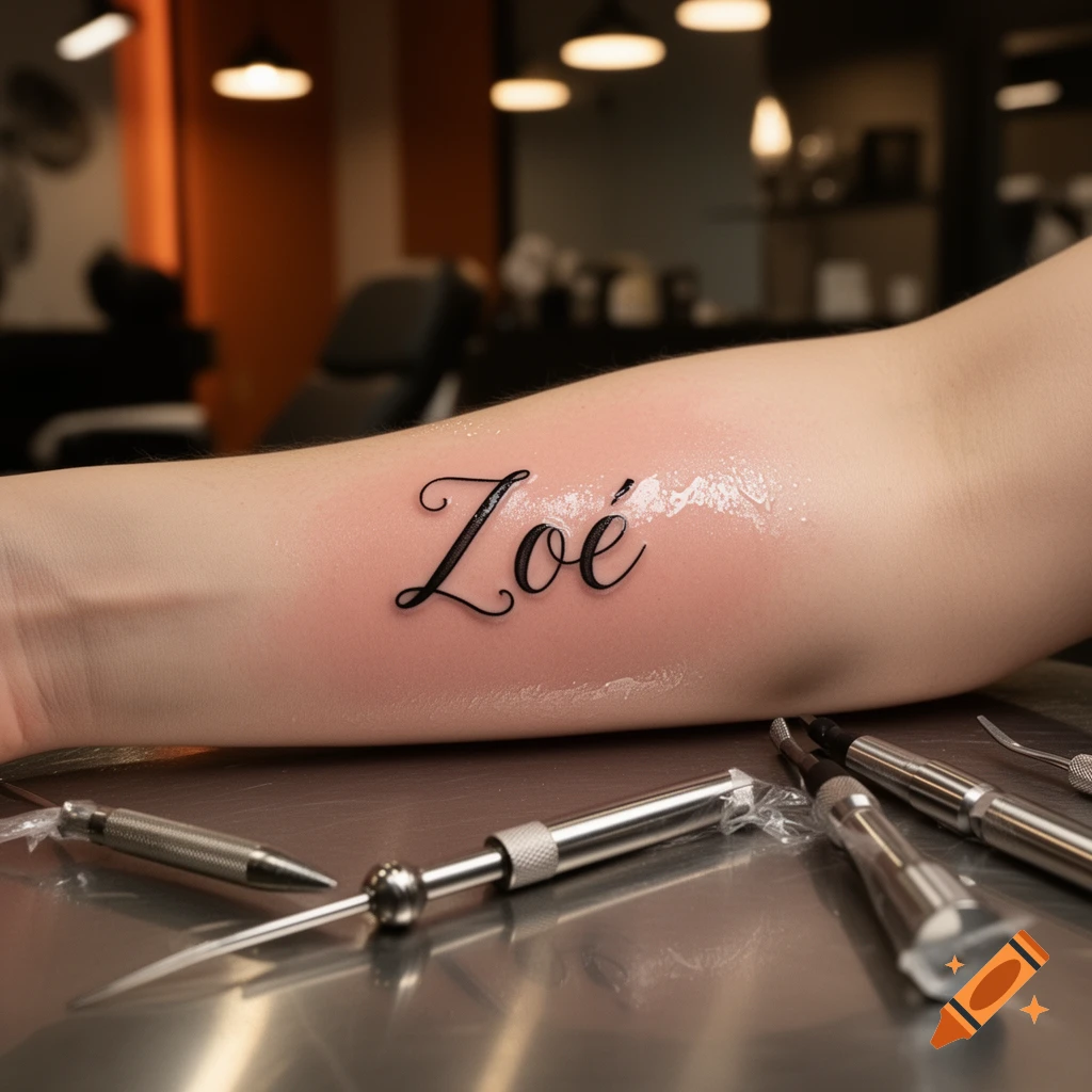 A photorealistic image of a fineline tattoo of the name 'Zo\u00e9' on a person's forearm, with tattoo tools in the foreground.
