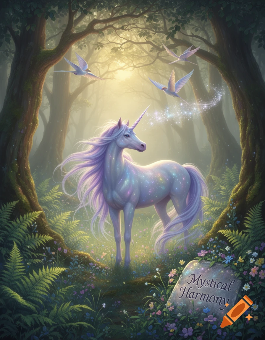 A luminous unicorn with a purple mane stands in a magical forest, surrounded by flying birds and sparkling light, with a stone inscribed 'Mystical Harmony'.