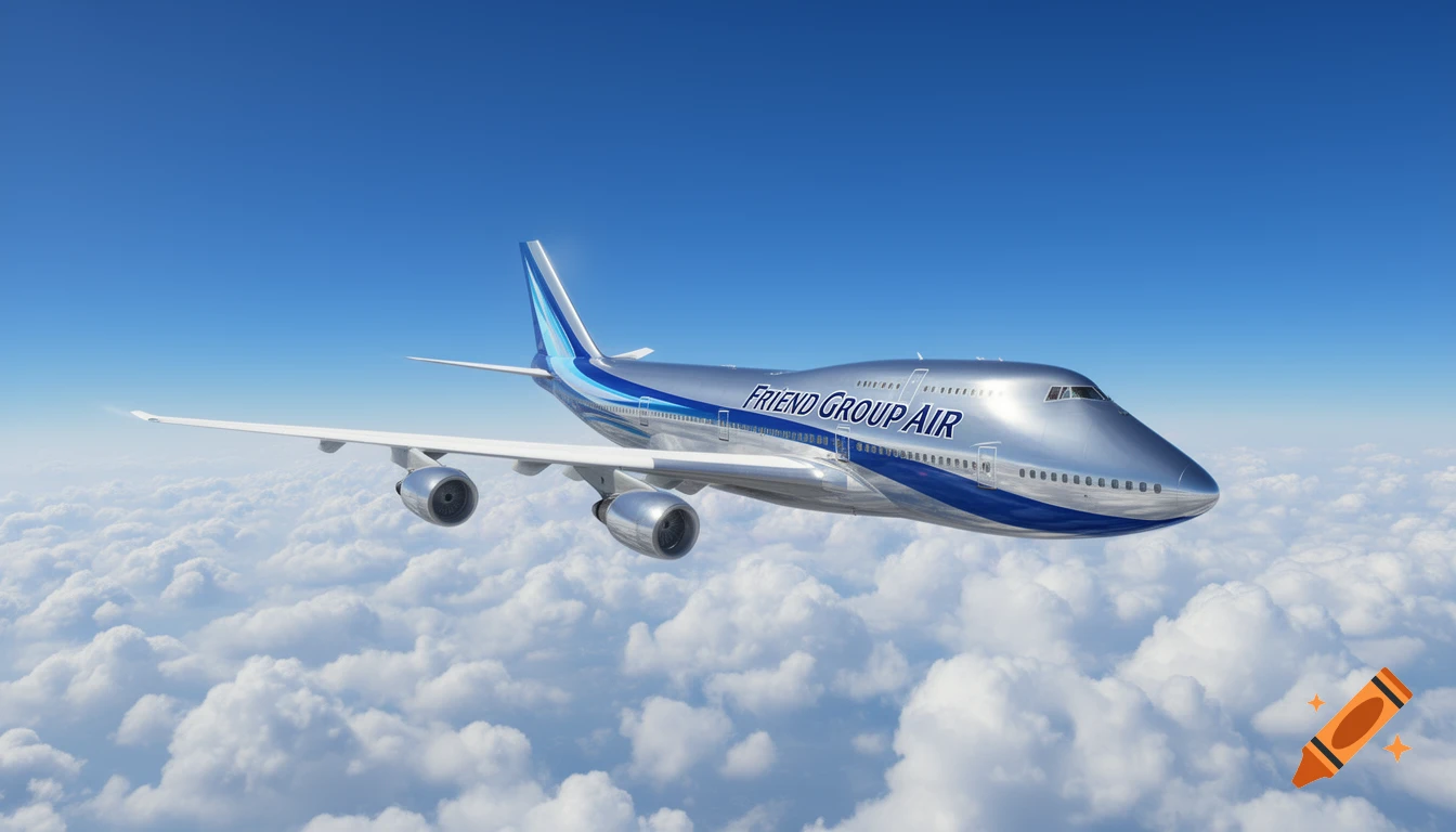 A photorealistic Boeing 747 airplane, with 'FRIEND GROUP AIR' written on its side, flying above white clouds in a blue sky.