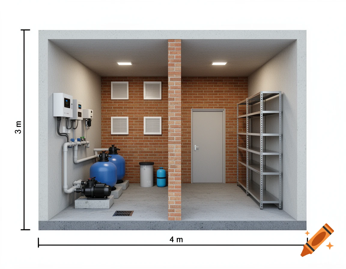 3D architectural cutaway of a utility room, divided by a brick wall, with pool equipment on the left and metal shelves on the right. Dimensions 4m by 3m.