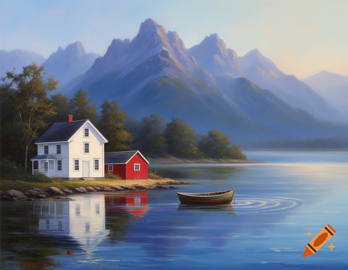 Oil painting of a white house and red boathouse by a lake with mountains in the background and a small boat on the water.