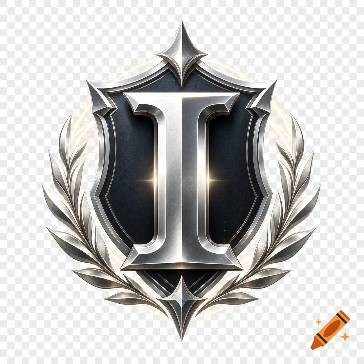 Silver metallic letter I on a dark shield emblem, flanked by silver laurel branches, with a transparent background.