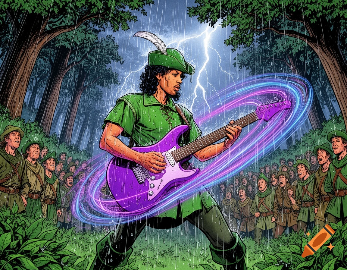 A Robin Hood-like figure plays a purple electric guitar in the rain in a forest to an audience, comic book style.