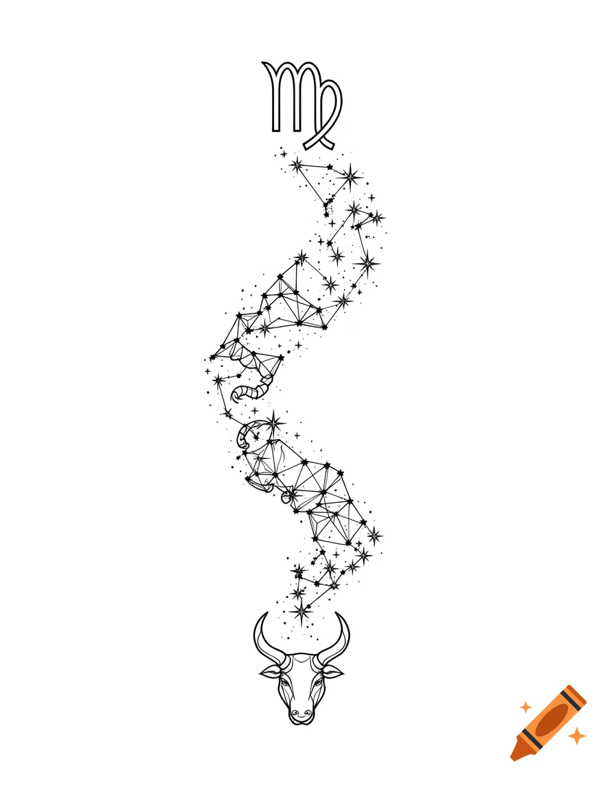 A delicate black fine line tattoo design in an S-shaped curve, featuring the Virgo symbol at the top, a flowing star constellation pattern, and a bull's head (Taurus symbol) at the bottom, all on a white background.