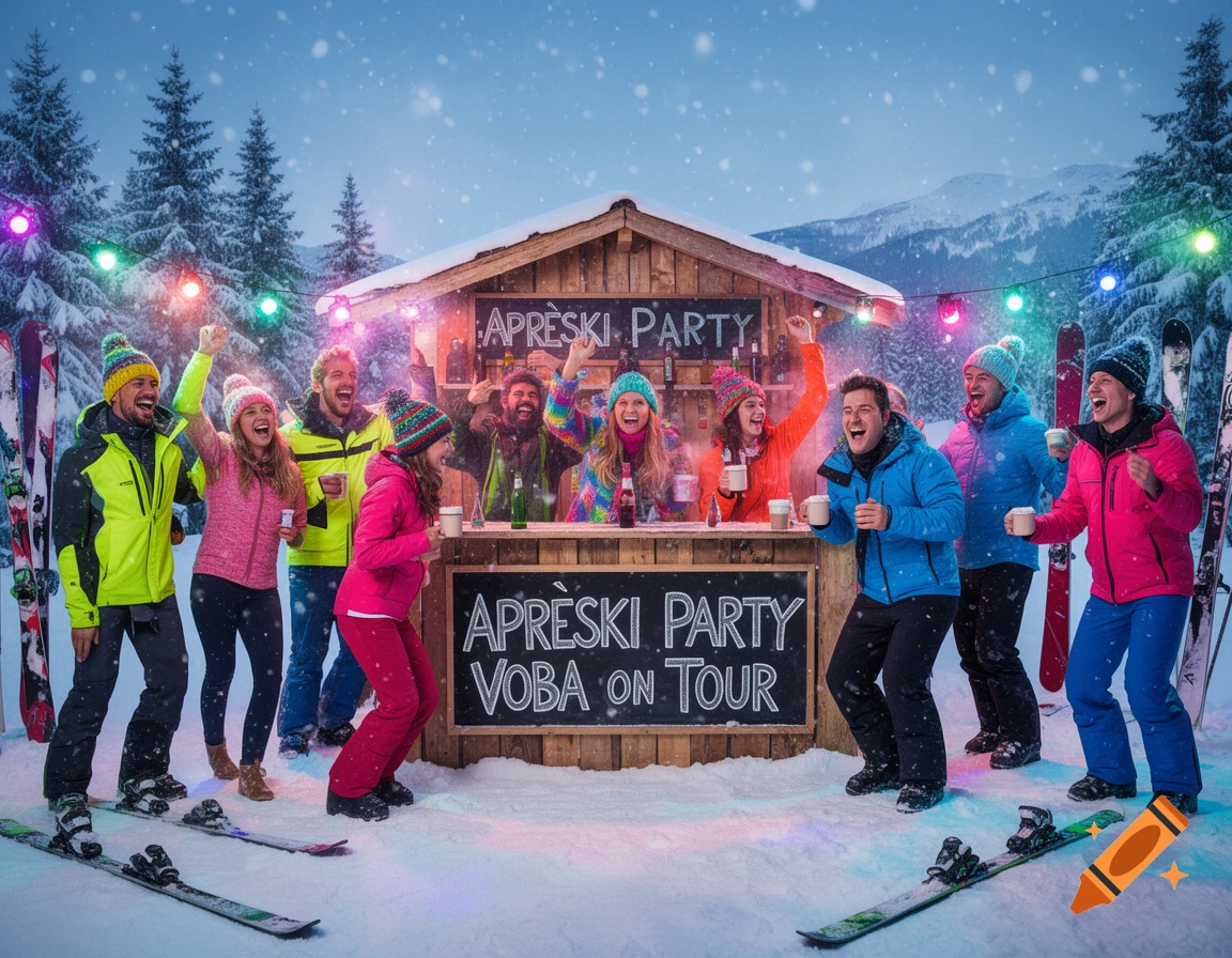 A group of cheerful people celebrating at an apres-ski party in a snowy mountain setting with string lights and a bar.