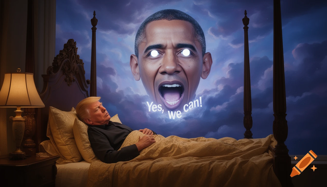 Donald Trump sleeps in a four-poster bed as a giant, glowing-eyed head of Barack Obama emerges from the night sky, shouting "Yes, we can!"
