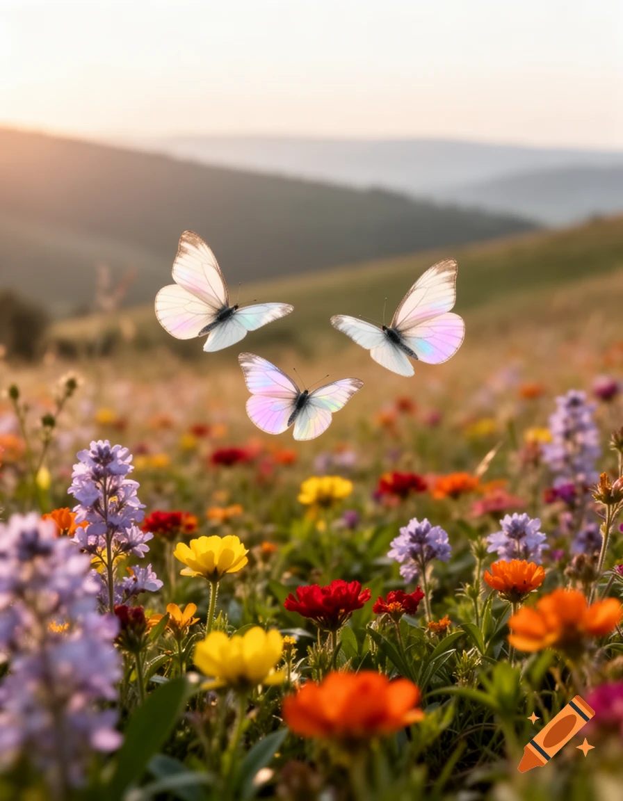 Three iridescent white butterflies hover over a vibrant meadow filled with colorful flowers under a soft sunset sky.