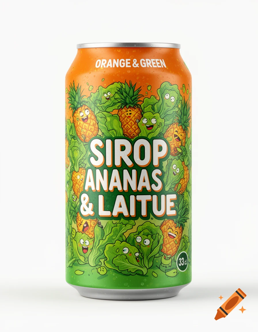 An orange and green soda can labeled "Sirop Ananas & Laitue" with cheerful cartoon pineapples and lettuce characters.