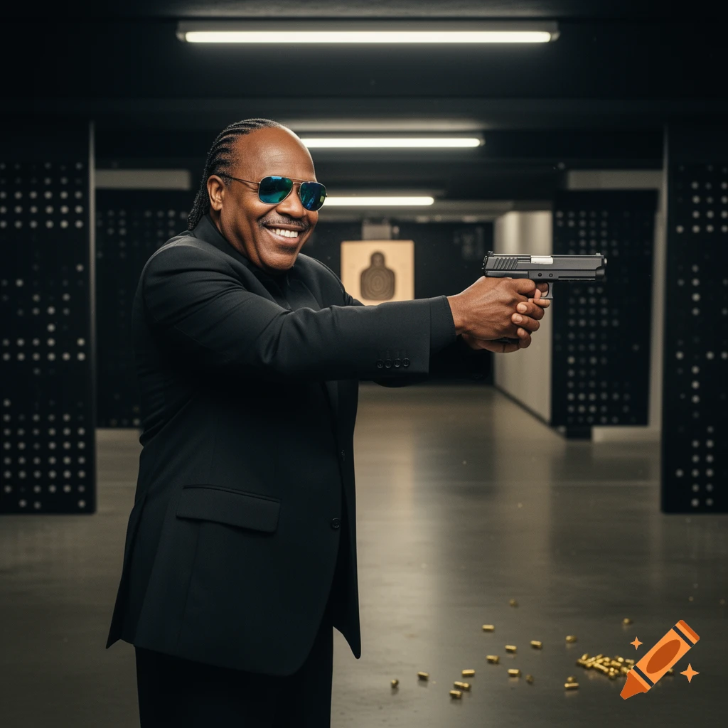 A smiling man with braided hair and blue sunglasses shoots a handgun at a target range, spent casings on the floor.