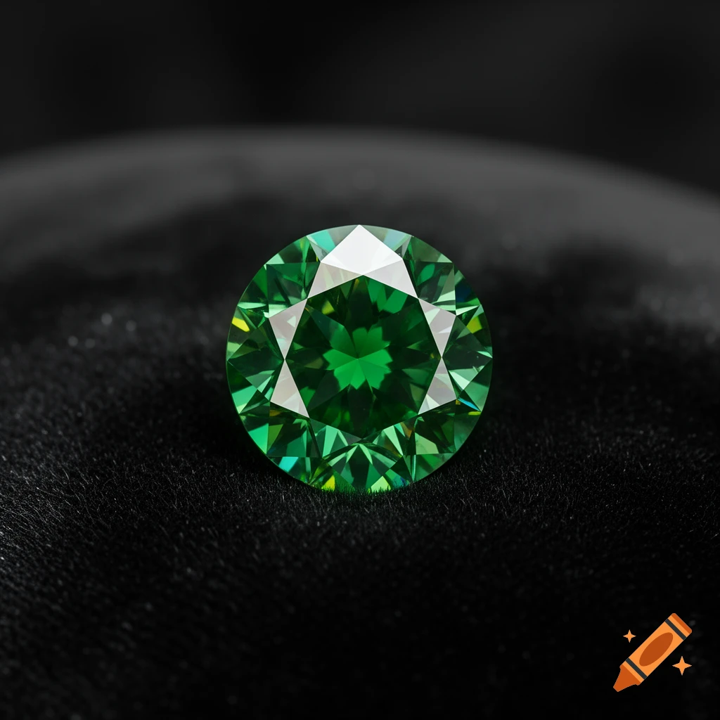 A vibrant round cut green diamond with many facets, sparkling on a dark, soft fabric background.