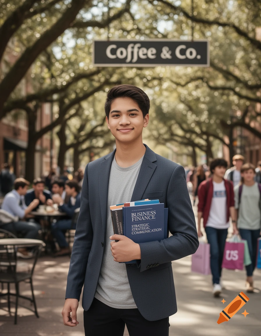 A smiling young man in a suit jacket holds business textbooks while standing on a tree-lined street with a "Coffee & Co." sign above him.