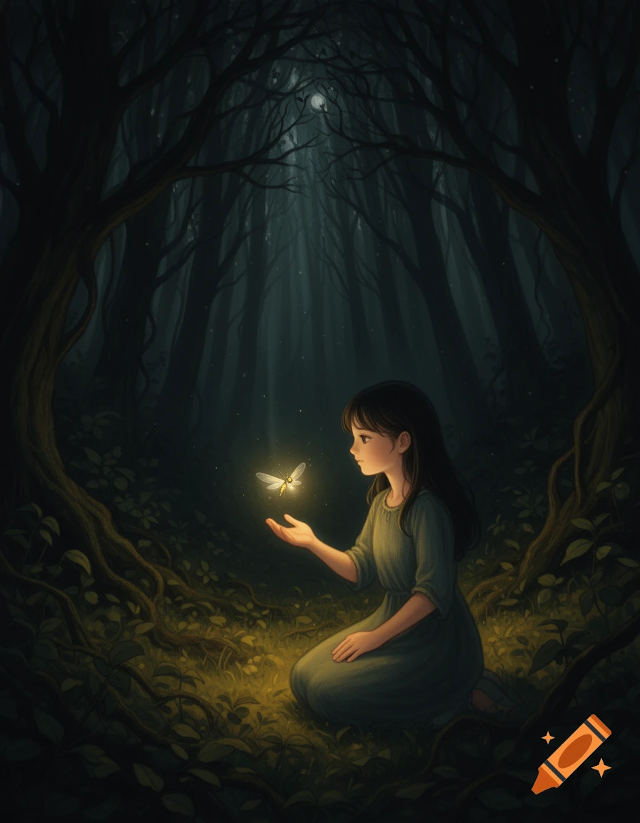 A young girl kneels in a dark, mysterious forest, gazing at a glowing butterfly on her outstretched hand in an illustration.