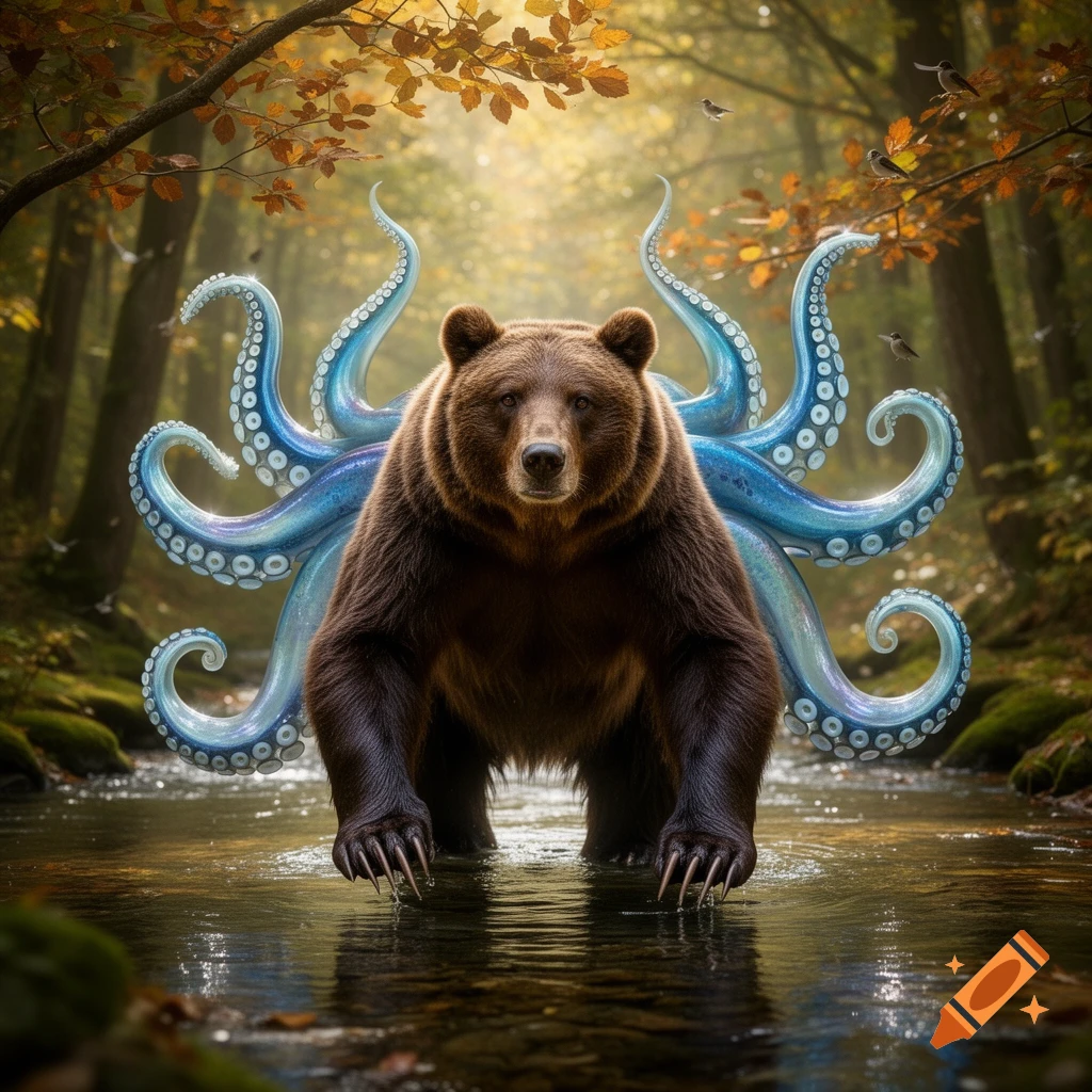 A photorealistic squidbear, a bear with blue octopus tentacles, stands in a shallow stream within a sunlit autumn forest.