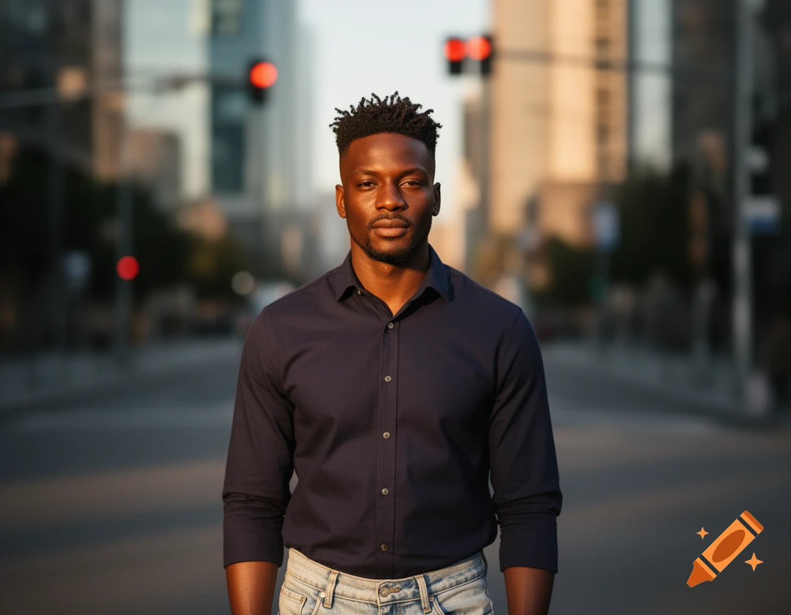 Photorealistic portrait of a young Black man with a fade and dreadlocks, wearing a dark blue shirt and jeans, standing in a blurred city street.