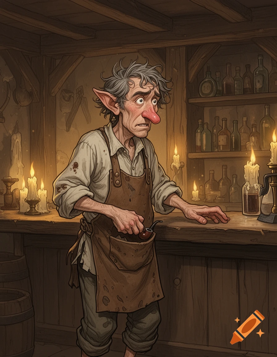 A nervous, red-nosed gnome innkeeper stands behind a rustic tavern counter, rummaging in his apron, in a hand-drawn fantasy style.