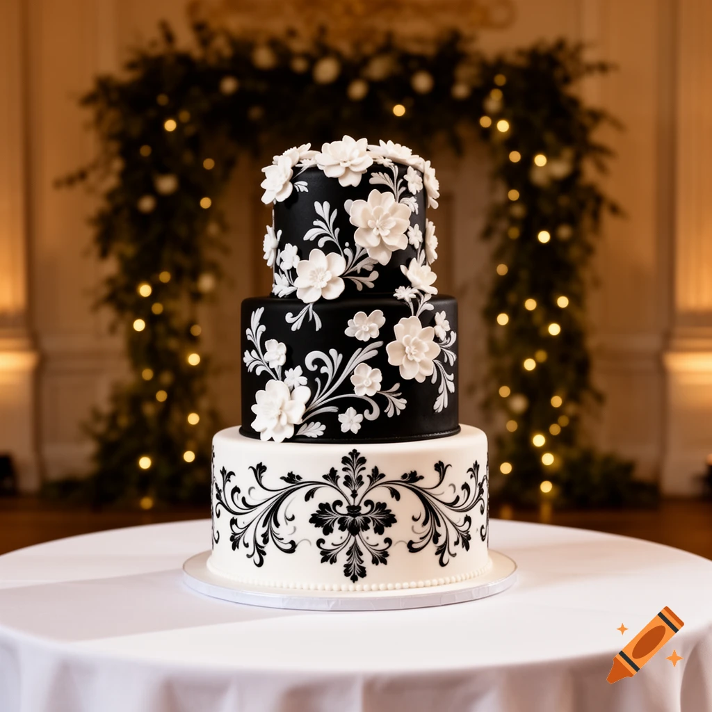 Three-tiered black and white wedding cake with white floral and black scrollwork decorations on a table with a blurred background of lights.