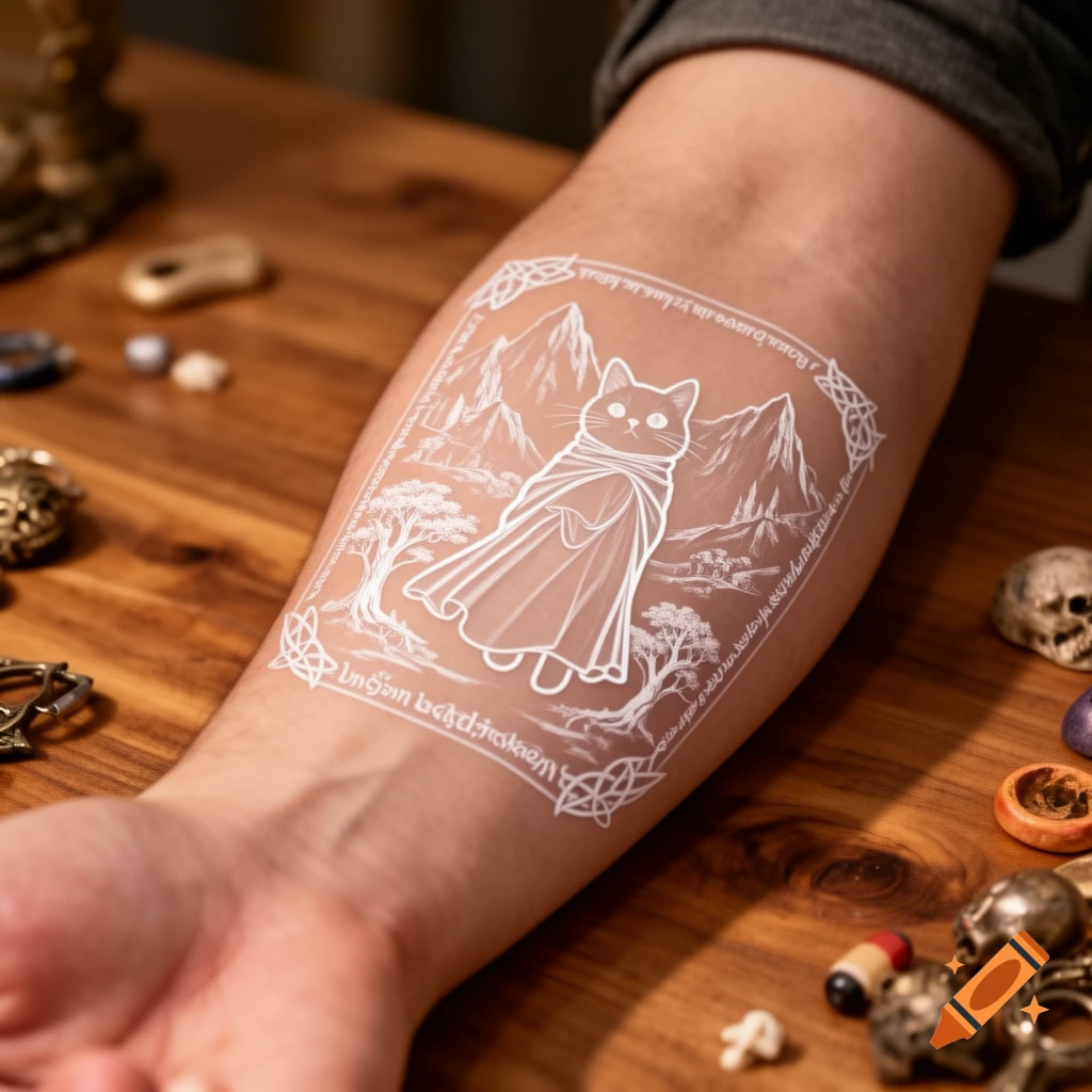 White line tattoo on a forearm depicting a ghost-like cat in a cloak within a fantasy landscape and decorative border.