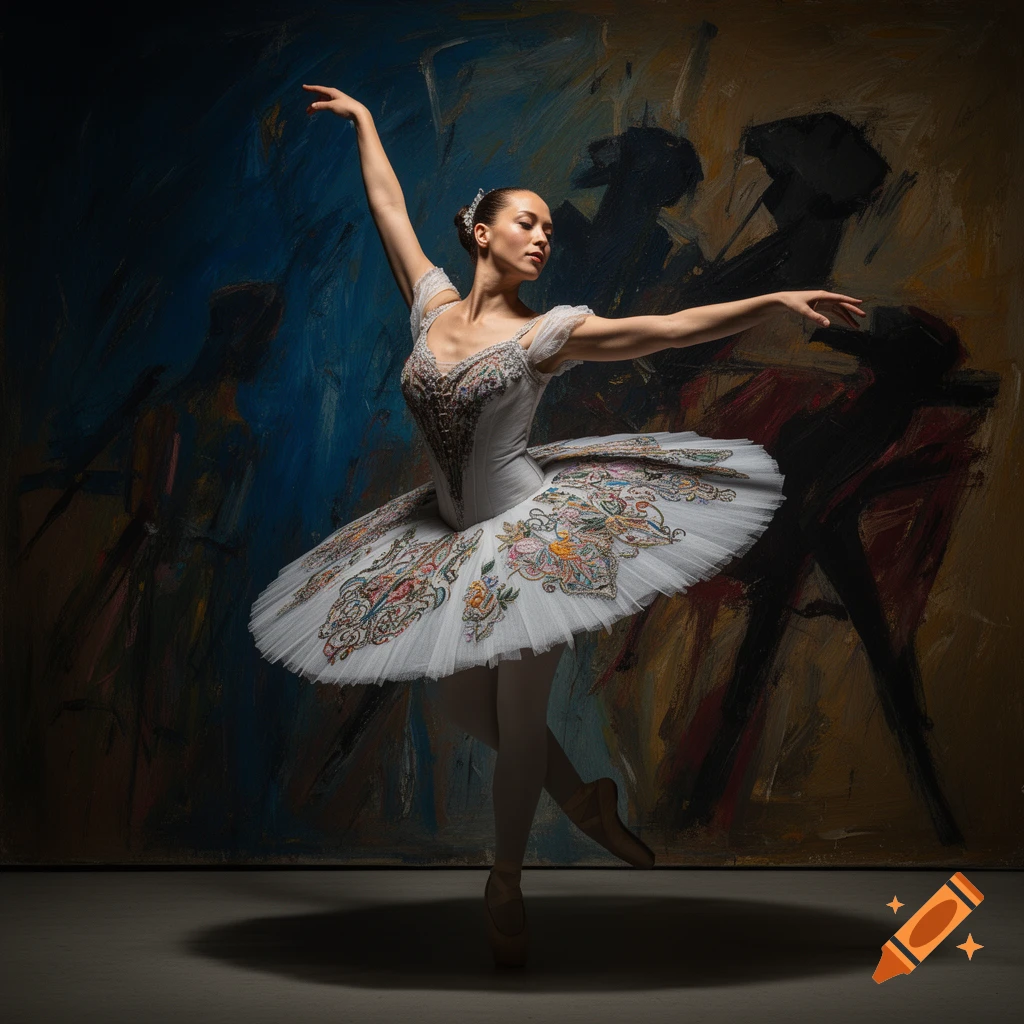 A ballerina in an ornate white tutu strikes a pose against a dark, abstract, painterly background.