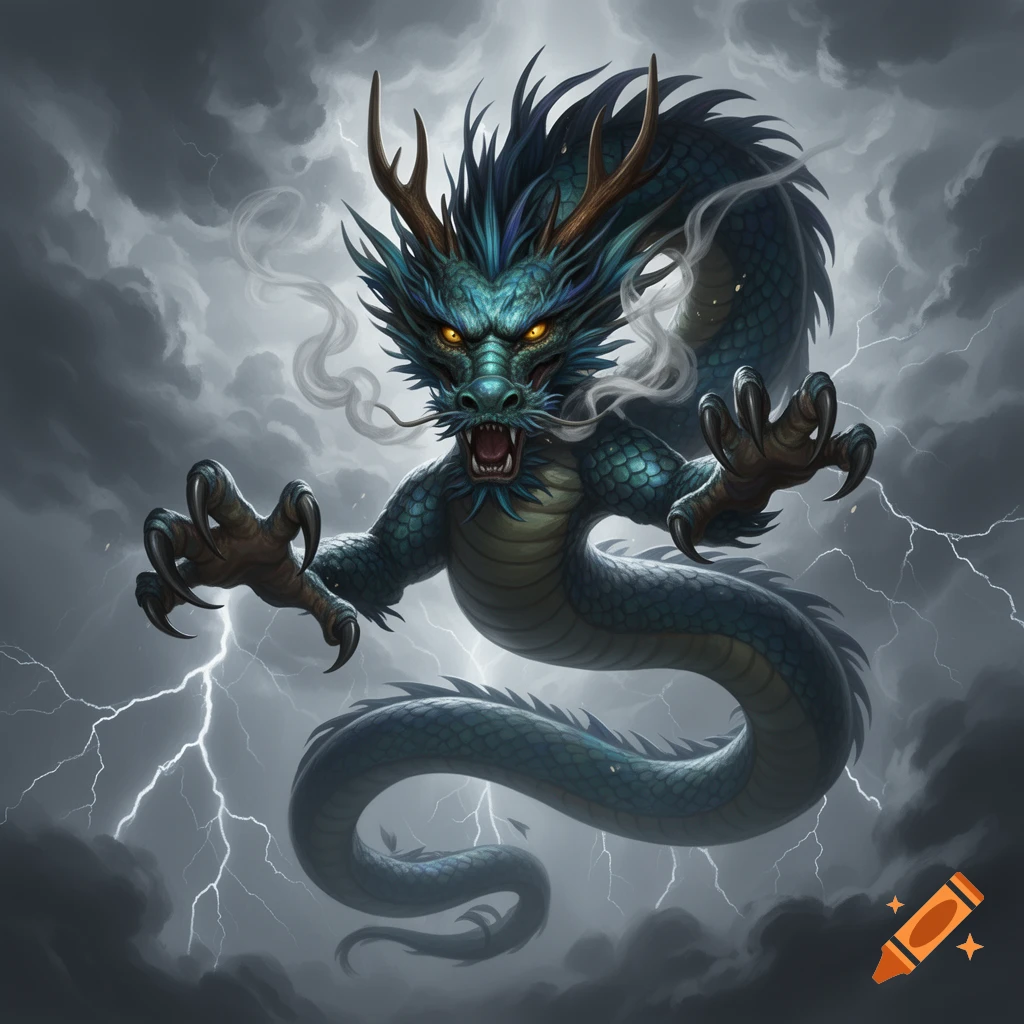 A fierce blue-green dragon with golden eyes roars, claws outstretched, amid a dark, stormy sky with lightning.