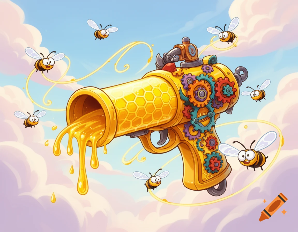 A cartoonish golden gun with gears, dripping honey from its barrel, surrounded by flying bees against a cloudy sky.
