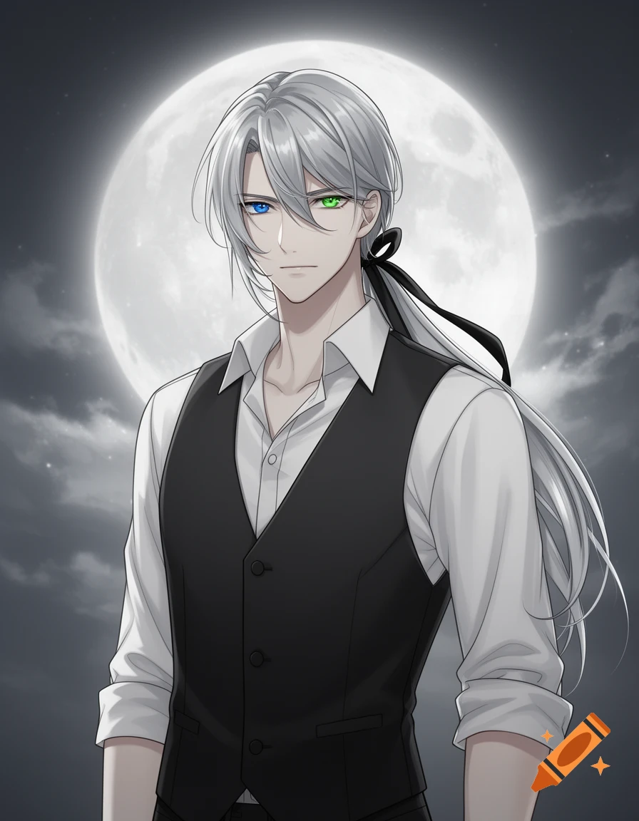 Anime man with long silver hair in a ponytail, blue and green eyes, white shirt, black vest, standing under a full moon.