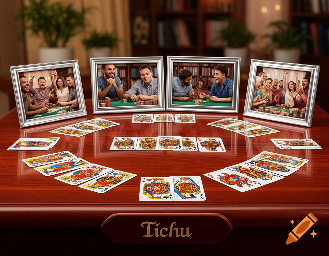 A wooden table displaying playing cards for Tichu, surrounded by four silver-framed photos of people enjoying card games.