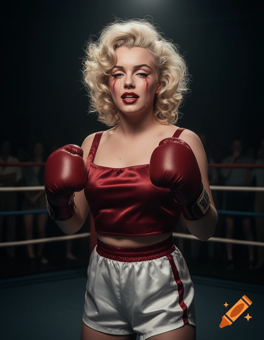 Photorealistic portrait of a woman resembling Marilyn Monroe in a boxing ring, wearing red satin boxing gloves and shorts, with red streaks under her eyes.