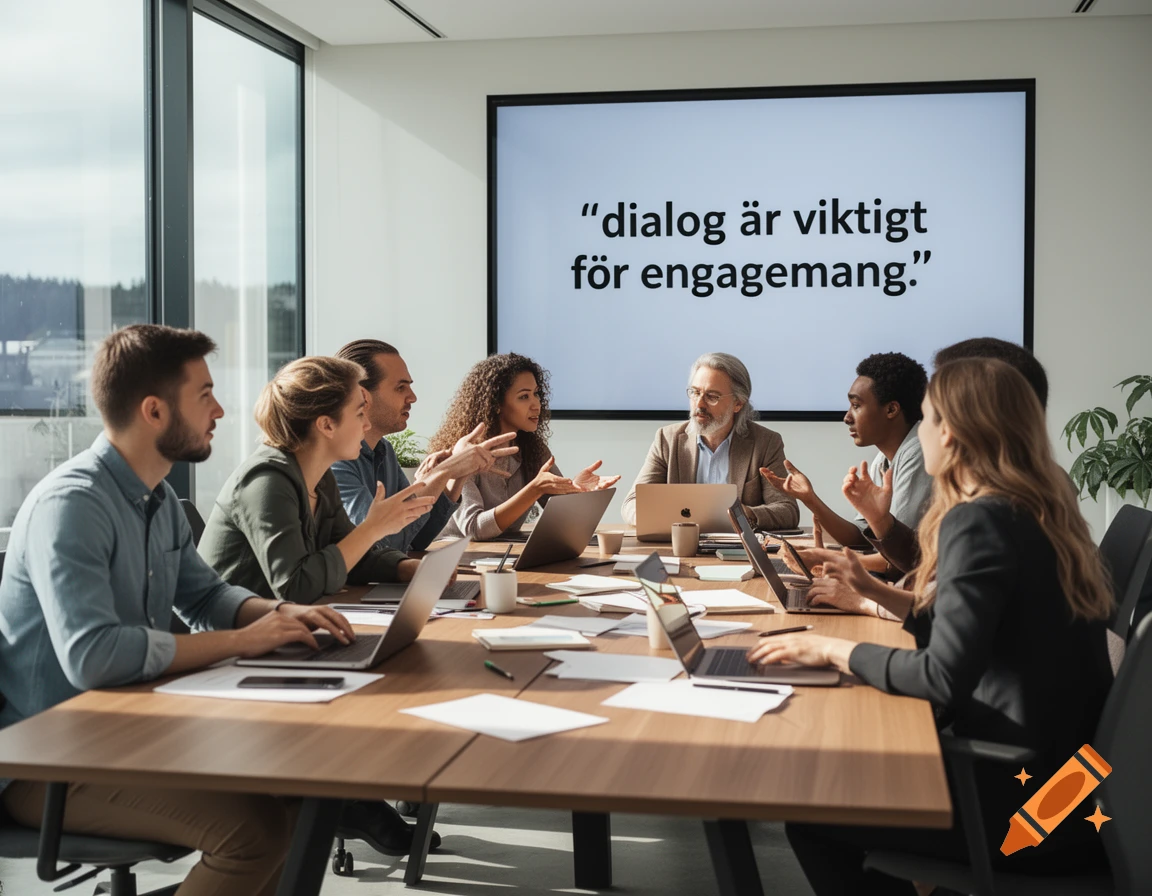 Diverse professionals in a modern conference room discussing, with 'dialog är viktigt för engagemang' on a large screen.