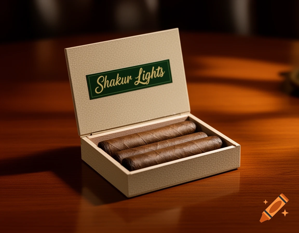 An open beige box with a green label reading "Shakur Lights" contains three brown cigars, resting on a polished wooden table.