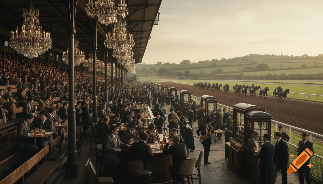 A grand, photorealistic image of a 1920s-style horse racing event with a large crowd, chandeliers, bars, and horses on the track.