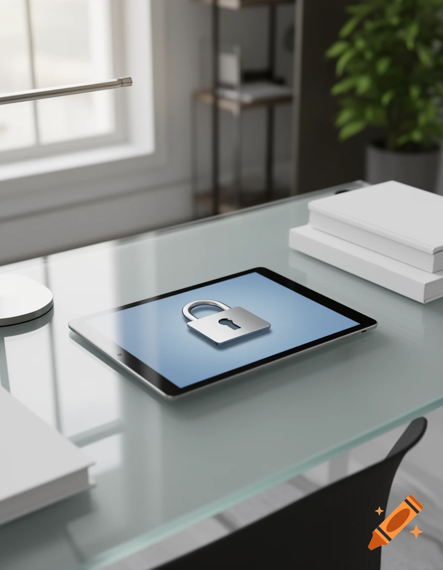 A tablet with a large silver padlock icon on its screen rests on a glass desk in a modern office setting.
