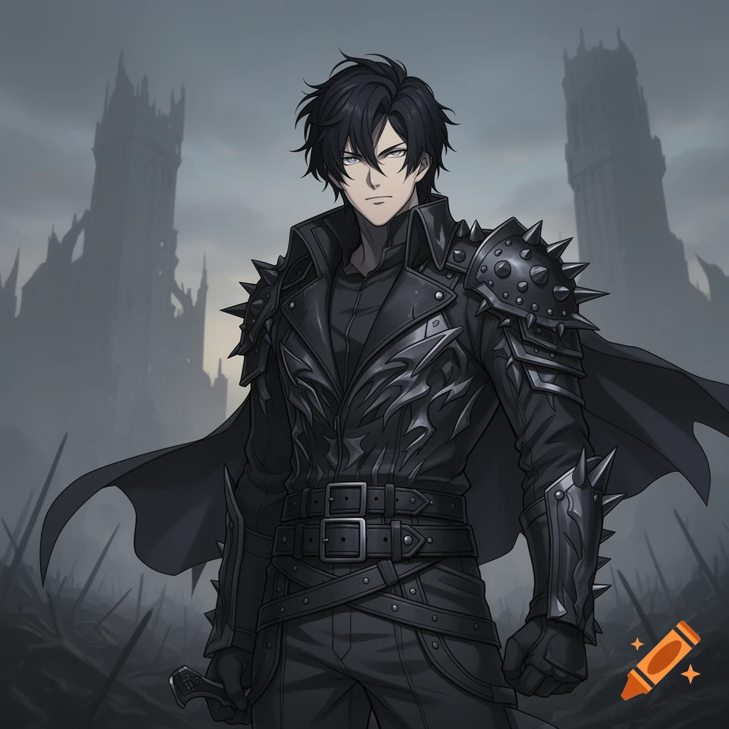 An anime-style dark warrior in spiked armor and a cape stands before gothic castles under a gloomy sky.