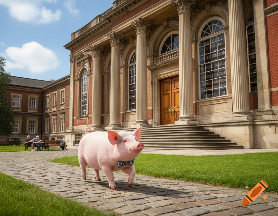 A photorealistic pig wearing a black and white checkered bow tie walks on a stone path in front of a grand library building.