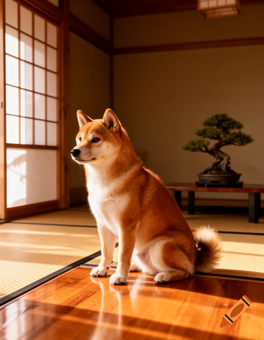 A Shiba Inu sits on a wooden floor in a sunlit Japanese room with shoji screens and a bonsai tree.