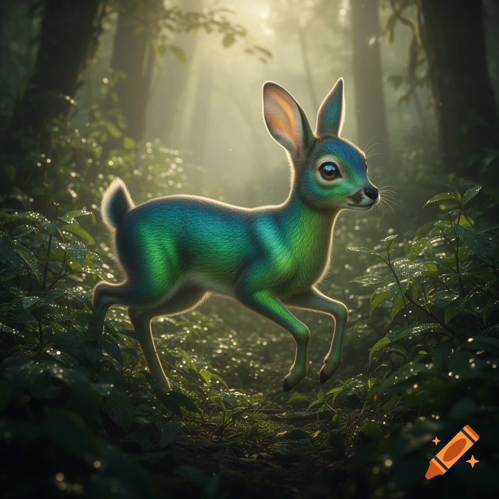 A vibrant green and blue Gamusino, a mythical fawn-like creature, runs through a mystical, sunlit forest.
