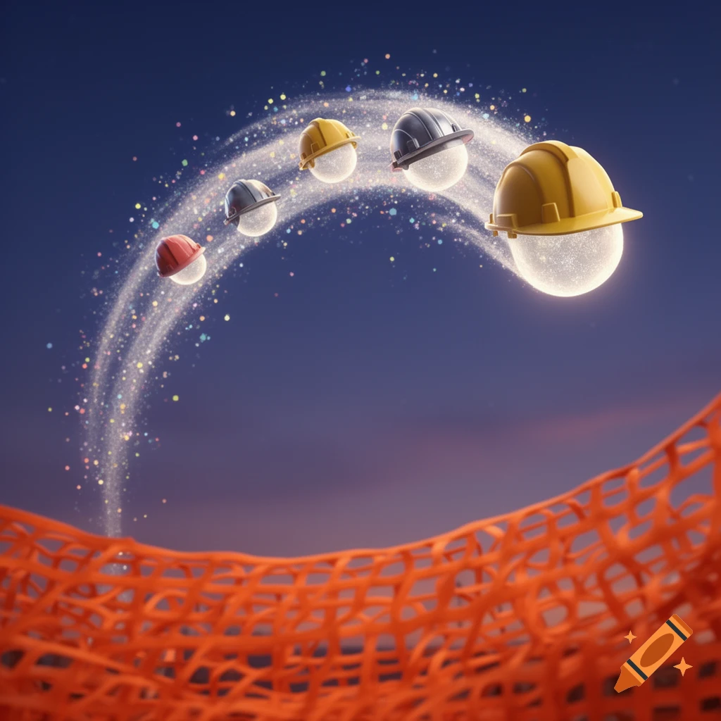 Five colorful hard hats, lit from within, arc across a dark blue sky with a sparkling trail above an orange safety net.