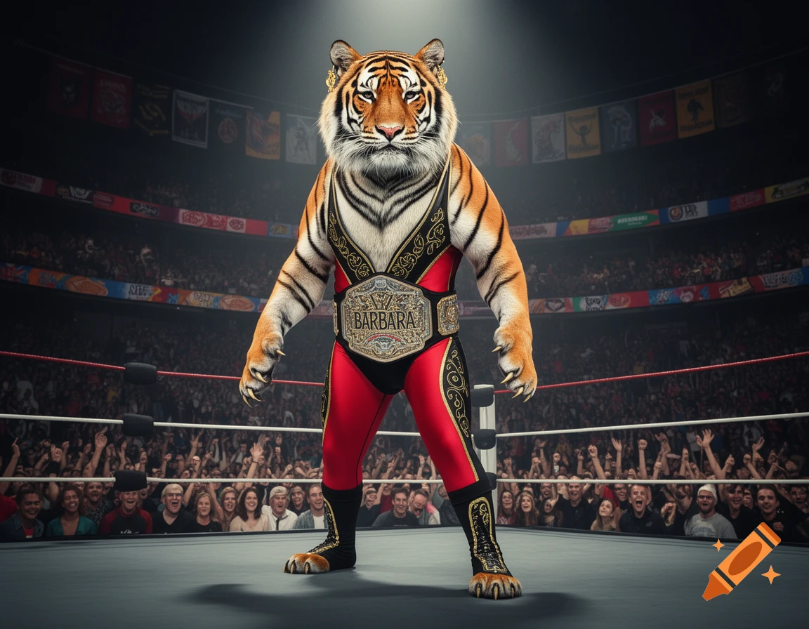 A muscular tiger dressed as a wrestler, wearing a championship belt, stands in a brightly lit wrestling ring before a cheering crowd.
