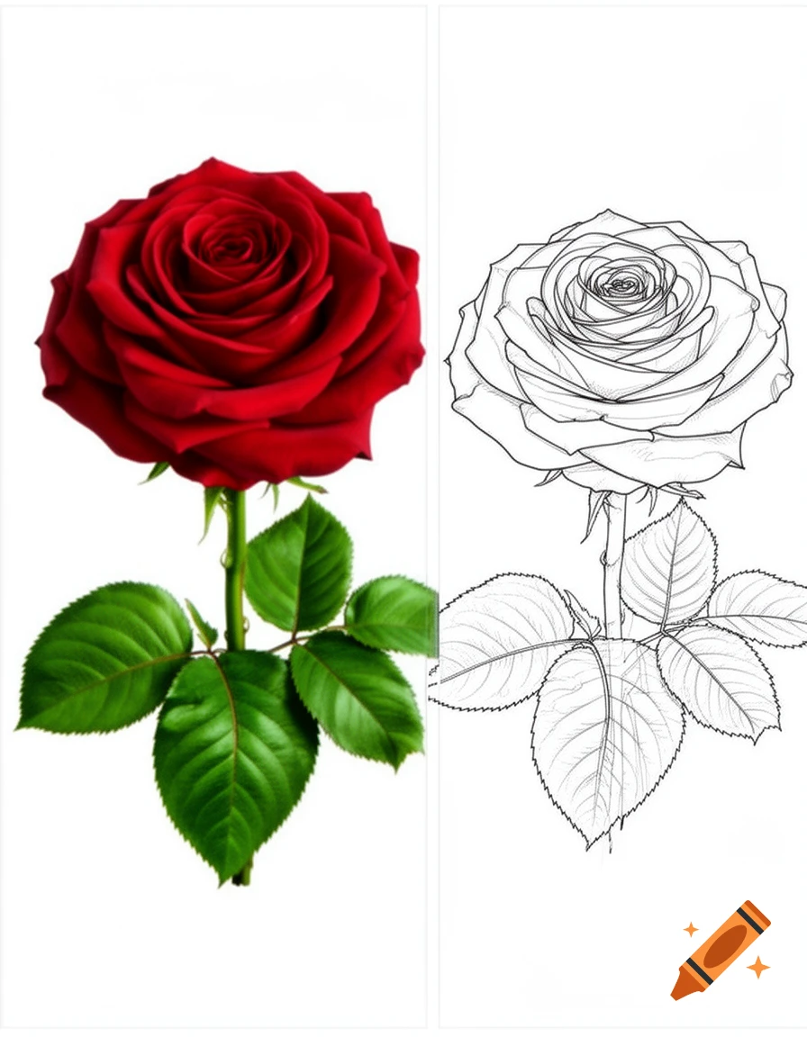 Split image of a red rose: a realistic color photo on the left, and a black outline drawing for coloring on the right, both on white.